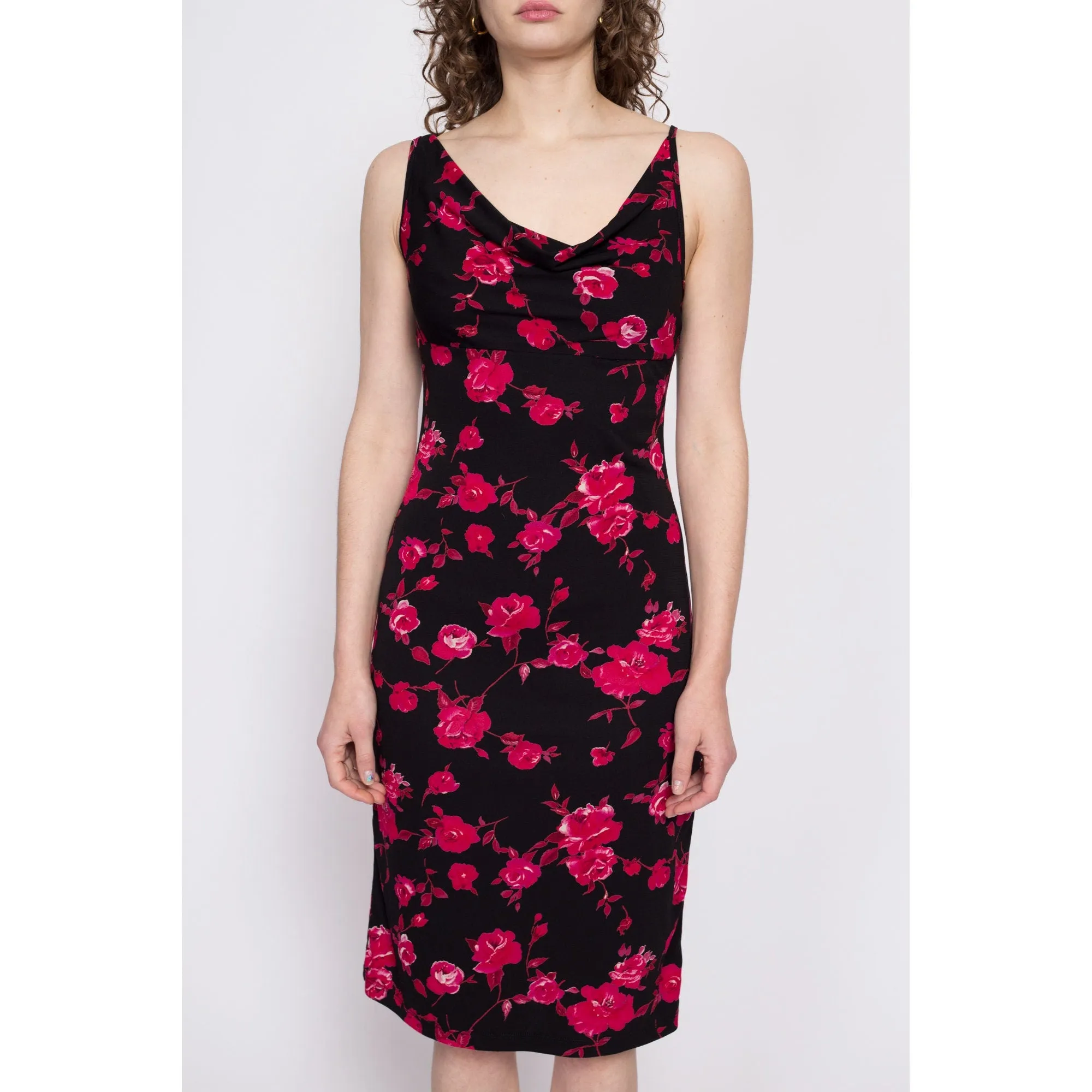 90s Black Rose Floral Cowl Neck Dress - Small to Medium