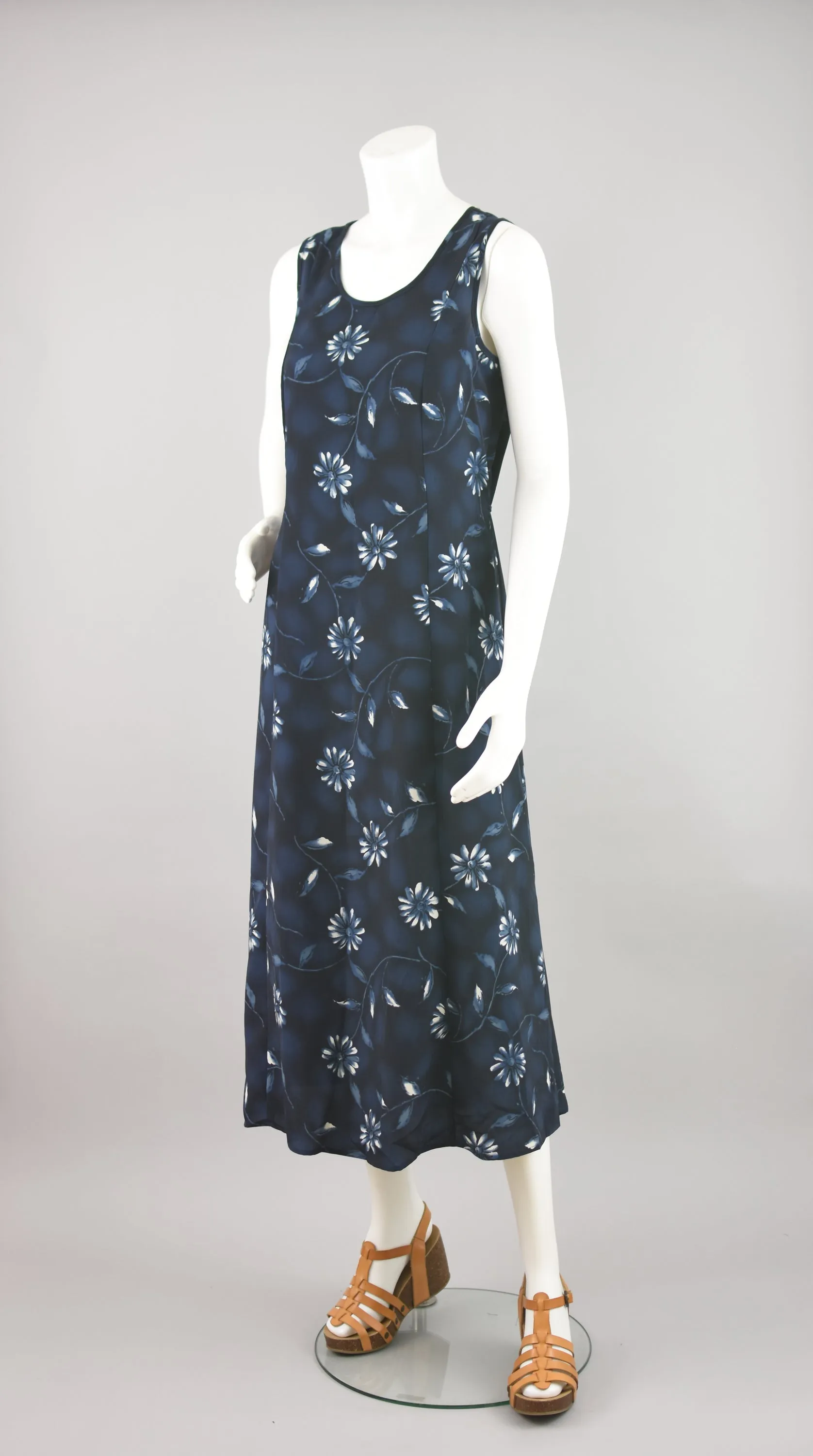 90s Blue Floral Sleeveless Maxi Dress, Tie Back, Women's Small