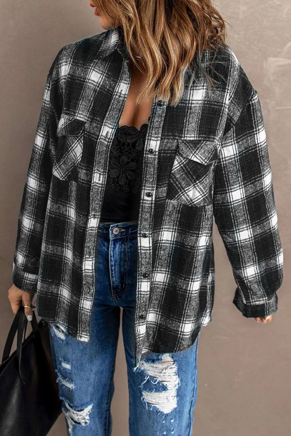 Black Collared Plaid Shacket - Stylish & Comfortable Outerwear