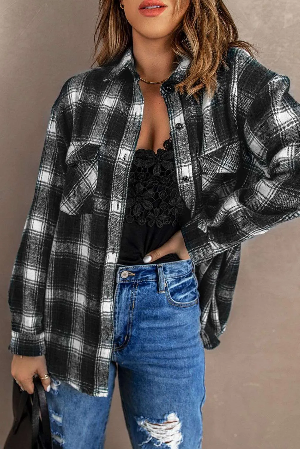 Black Collared Plaid Shacket - Stylish & Comfortable Outerwear