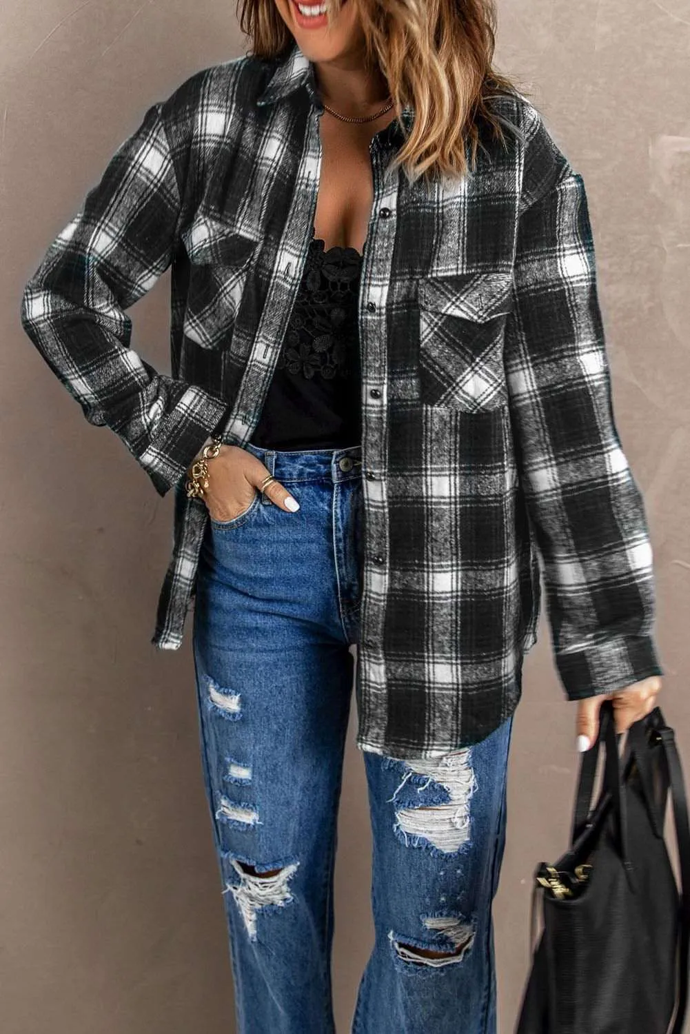 Black Collared Plaid Shacket - Stylish & Comfortable Outerwear