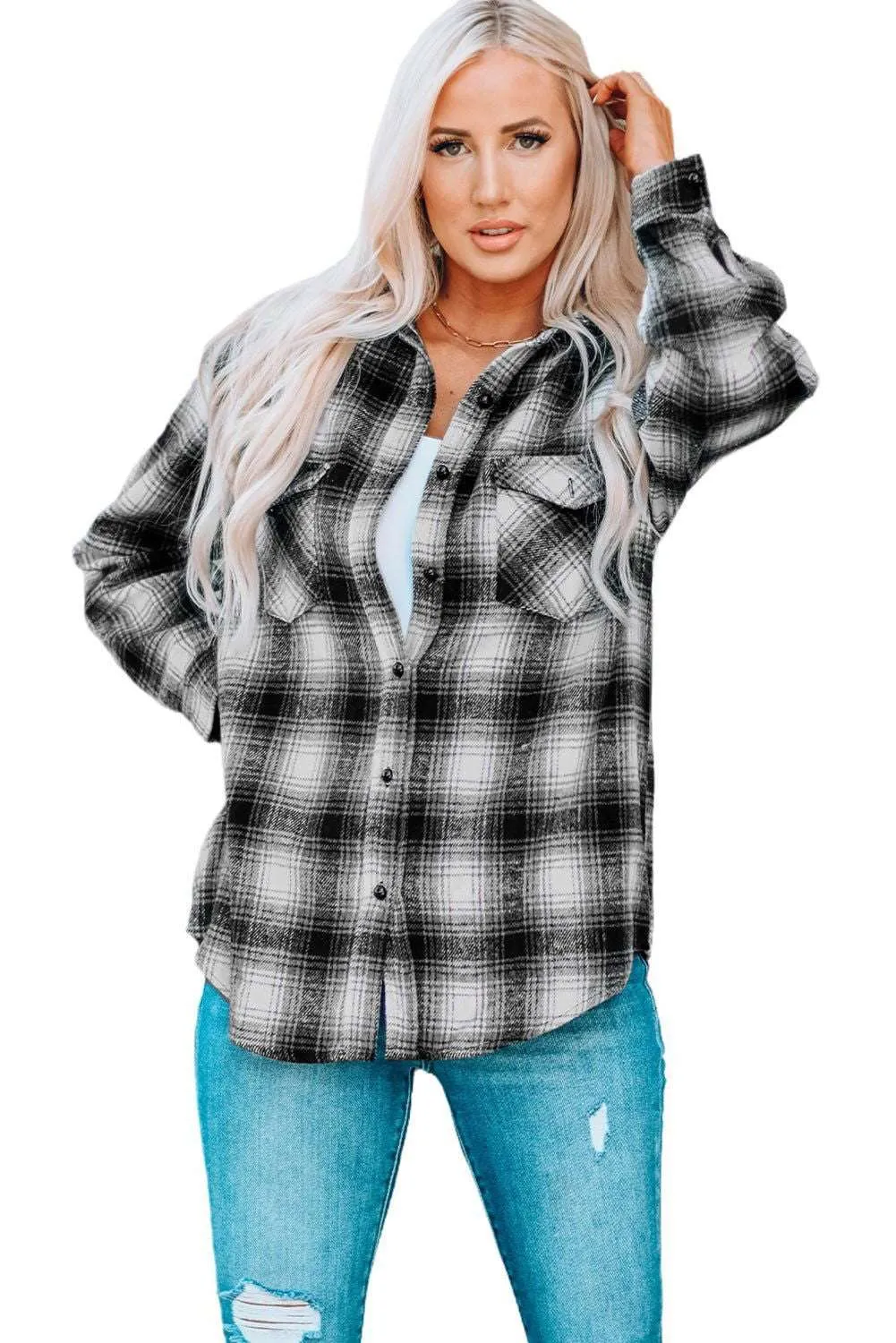 Black Collared Plaid Shacket - Stylish & Comfortable Outerwear