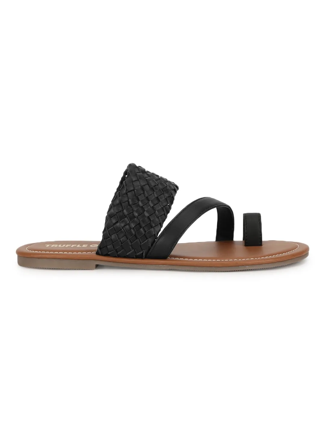 Black Woven PU Flat Slip On Sandals