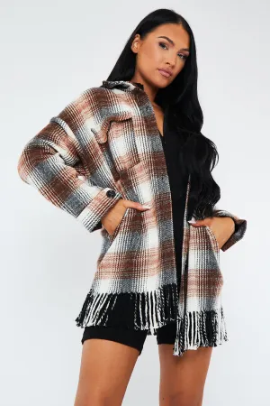 Brown Checked Fringe Detail Shacket - Iyana