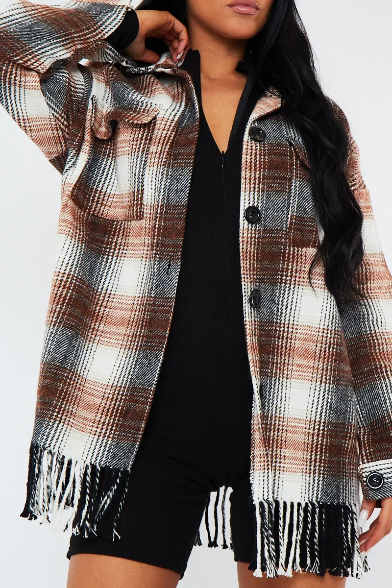 Brown Checked Fringe Detail Shacket - Iyana