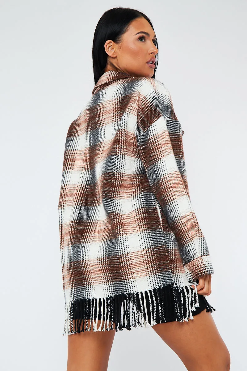 Brown Checked Fringe Detail Shacket - Iyana