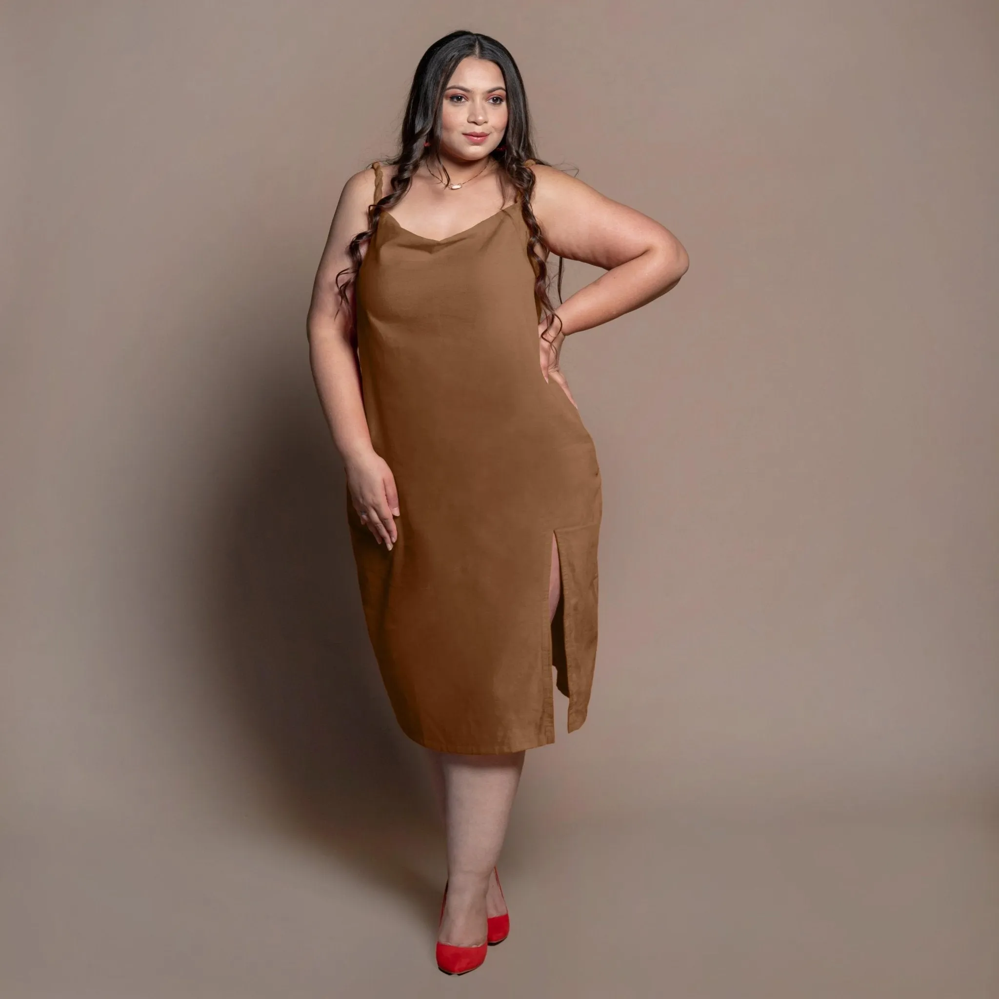 Brown Cotton Velvet Cowl Neck Midi Slip Dress