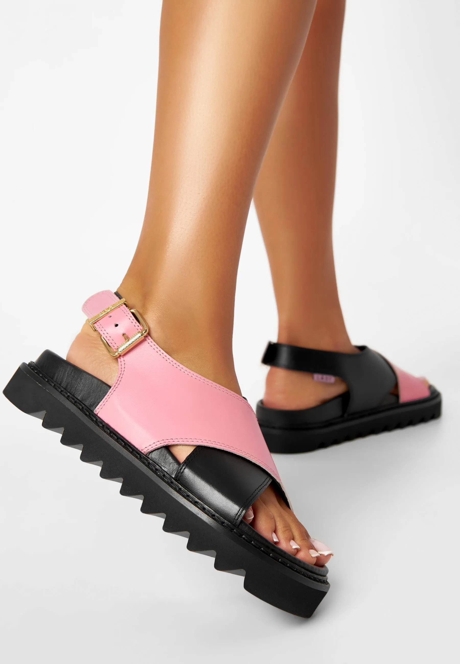 Diana Black Pink Leather Chunky Sandals