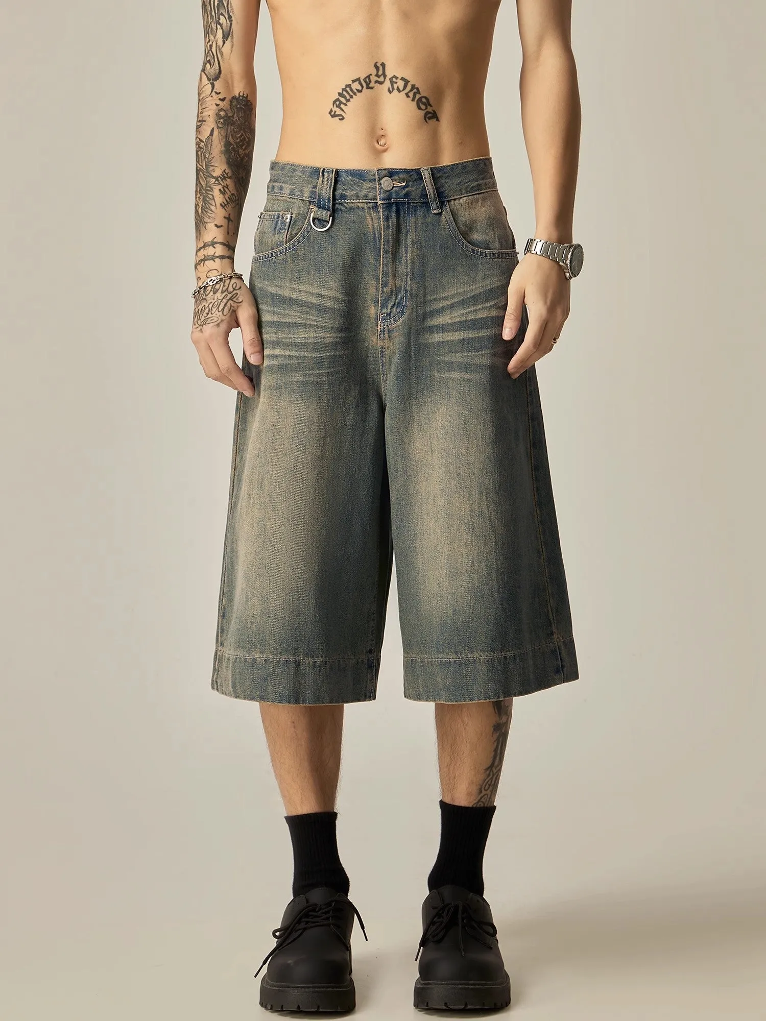 Distressed Wide-Leg Denim Culottes