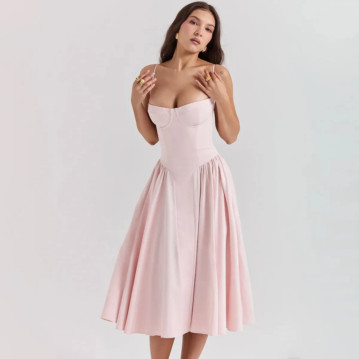 Frill Hem Midi Dresses Elegant Sleeveless Birthday Pleated Fairy Slip Corset Sundress Holiday Gown