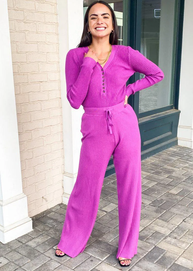 FRNCH Pomelo High Waist Ribbed Wide Leg Pant- Fuschia