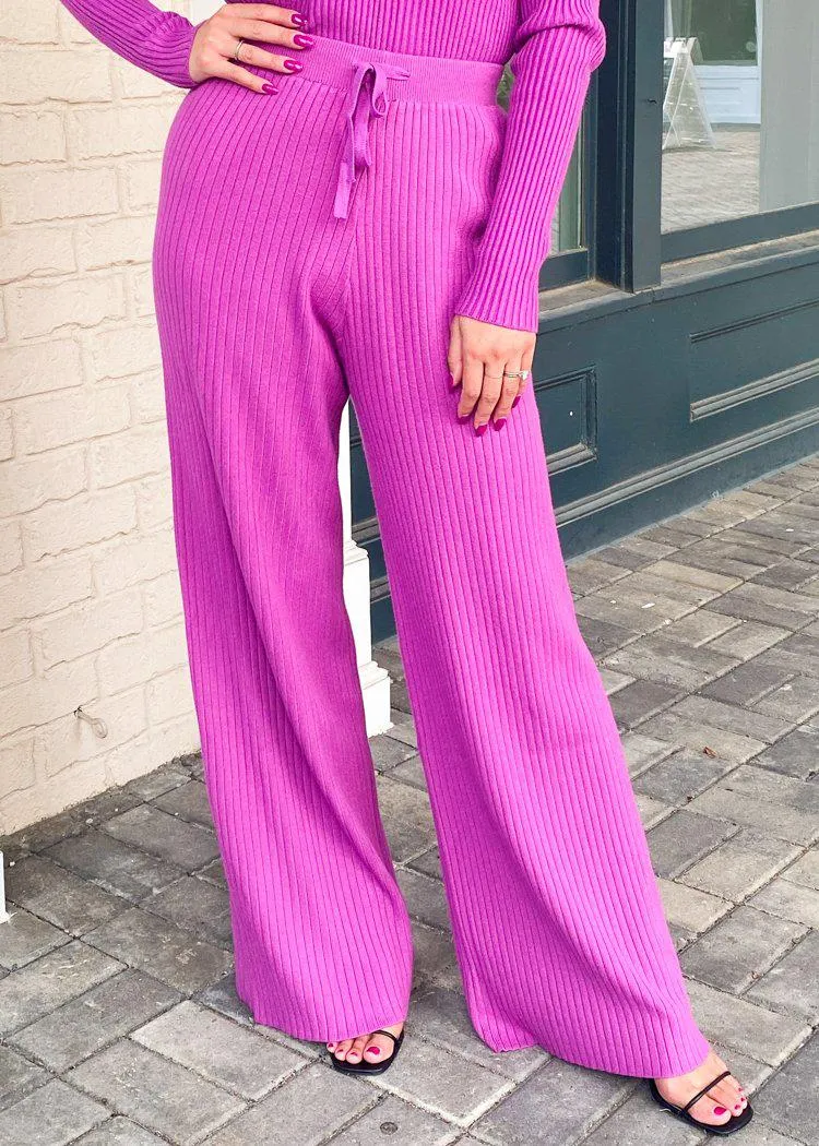 FRNCH Pomelo High Waist Ribbed Wide Leg Pant- Fuschia