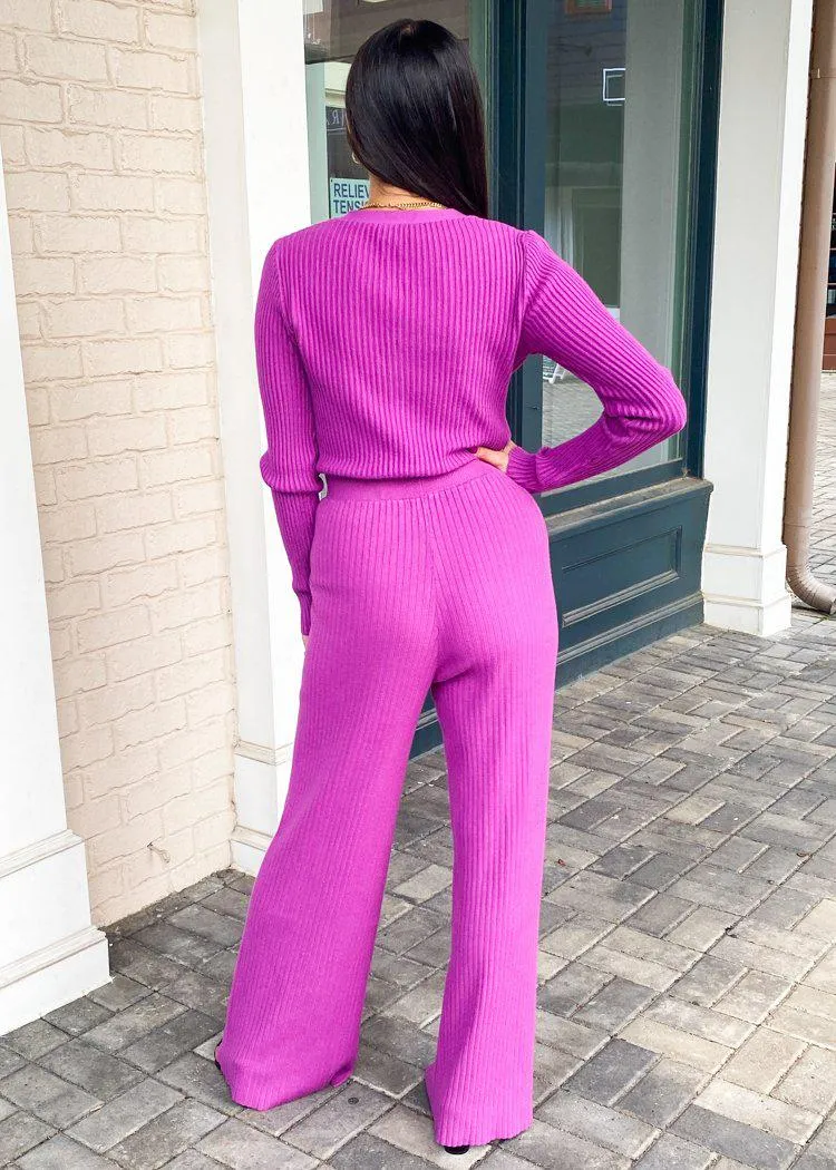 FRNCH Pomelo High Waist Ribbed Wide Leg Pant- Fuschia