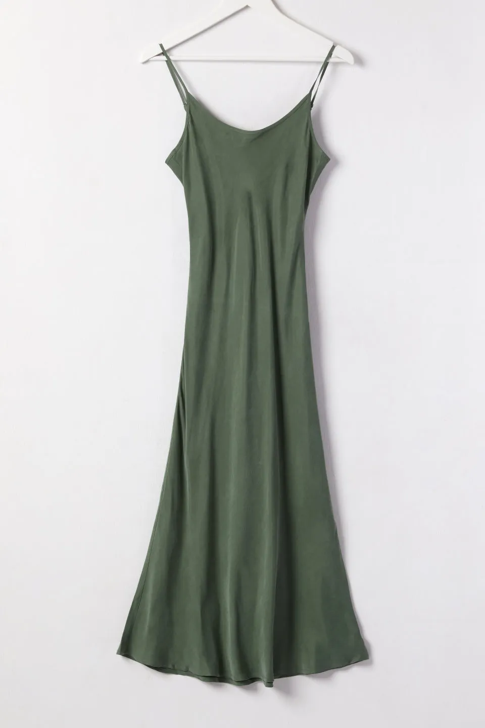 Golden Hour Khaki Cupro Bias Slip Midi Dress