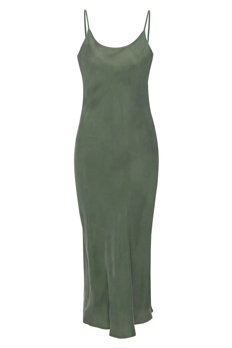 Golden Hour Khaki Cupro Bias Slip Midi Dress