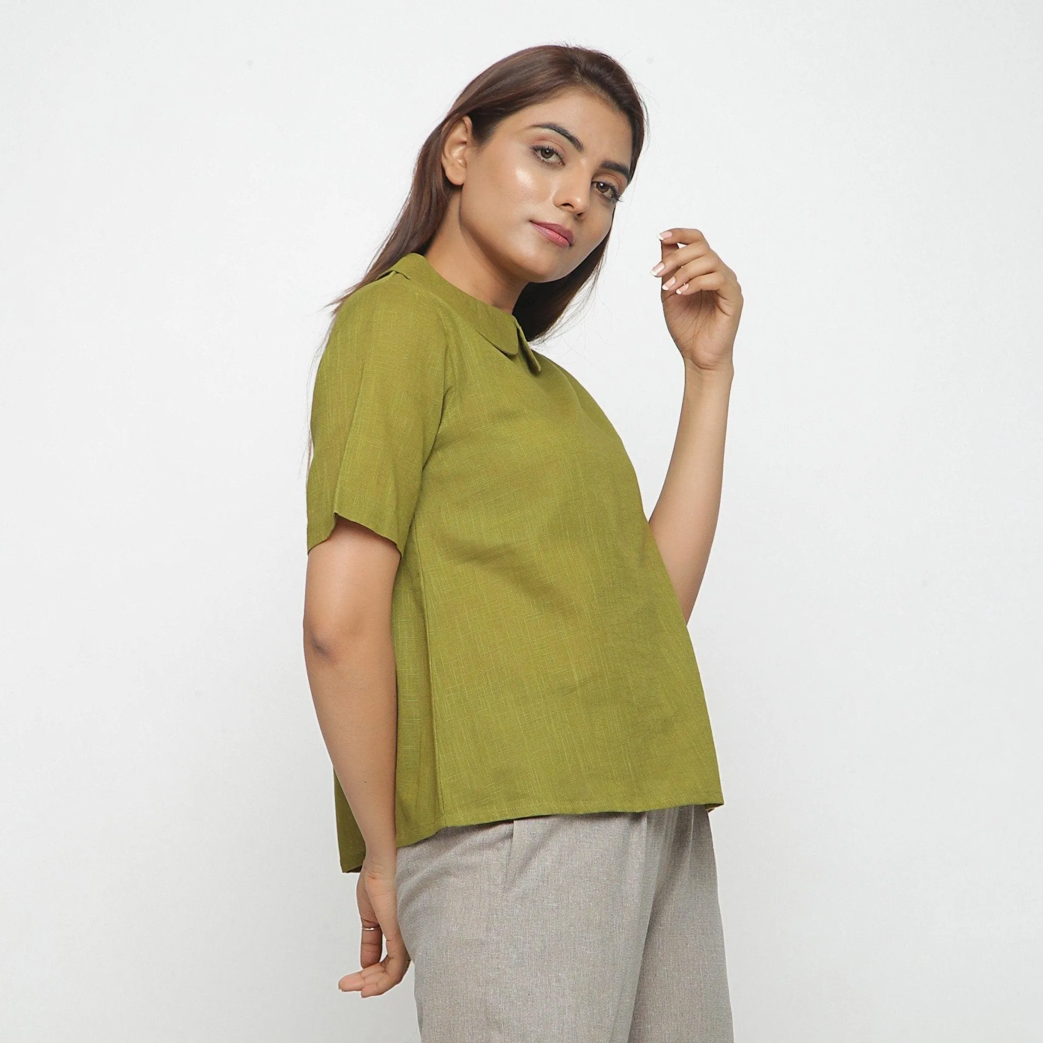 Olive Green Cotton Essential Peter Pan Collar Top