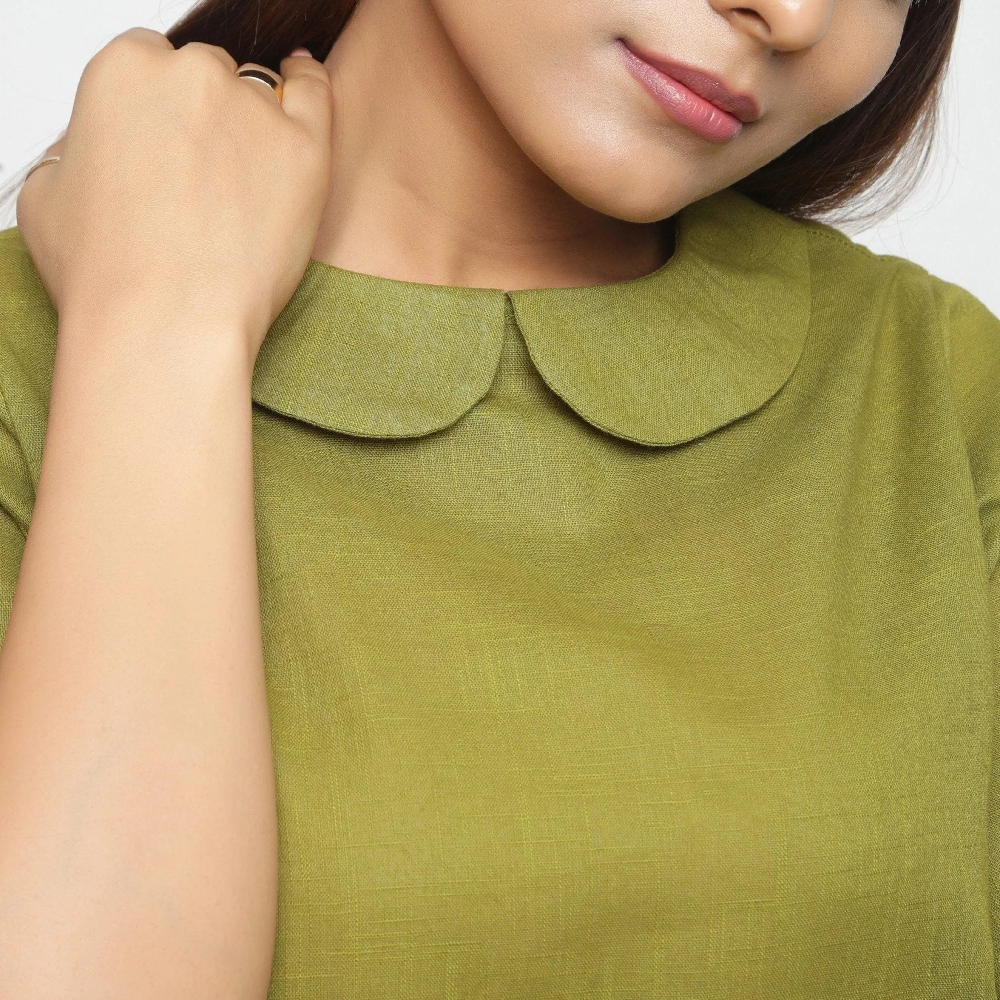 Olive Green Cotton Essential Peter Pan Collar Top