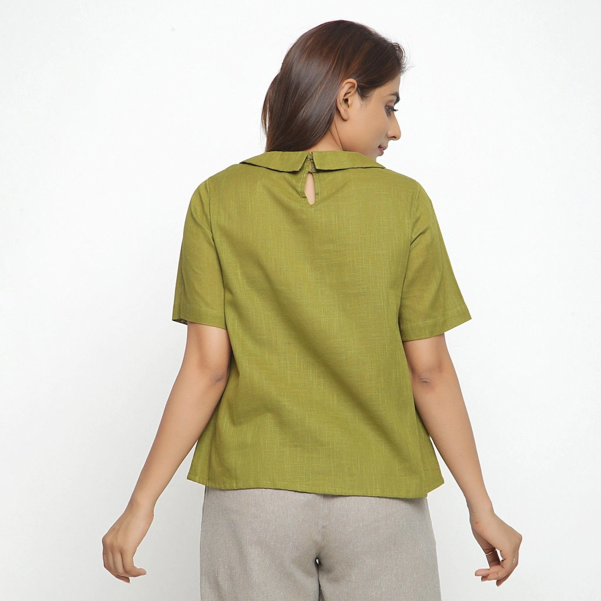 Olive Green Cotton Essential Peter Pan Collar Top