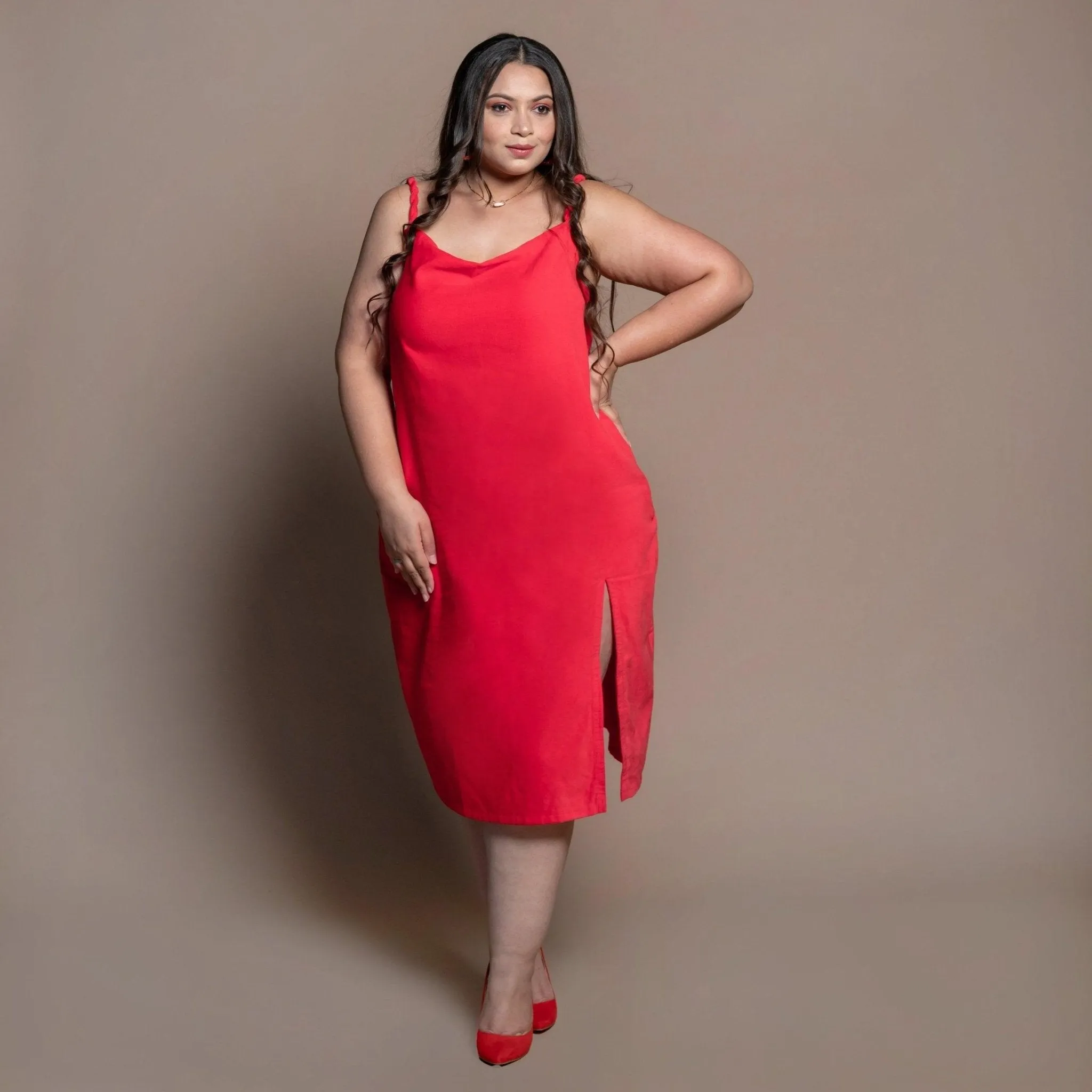 Red Cotton Velvet Cowl Neck Midi Slip Dress