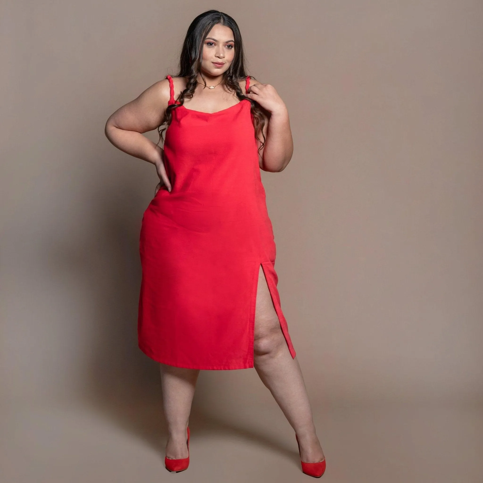 Red Cotton Velvet Cowl Neck Midi Slip Dress