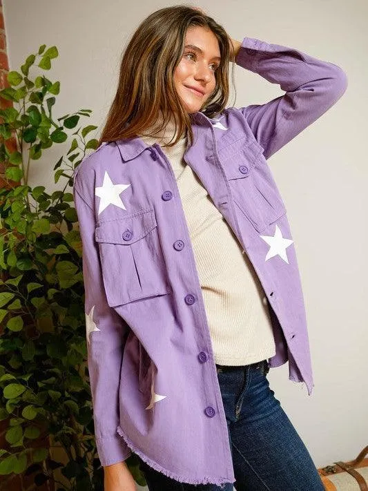 Star Struck Frayed Hem Military Style Shacket