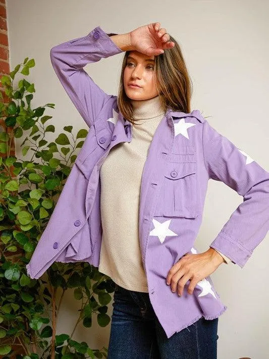 Star Struck Frayed Hem Military Style Shacket