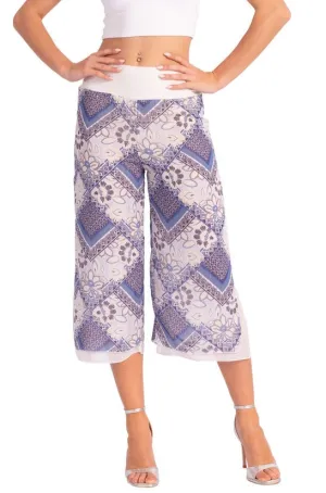 Two-layer Blue Mixed Print Georgette Cropped Culottes With Slits