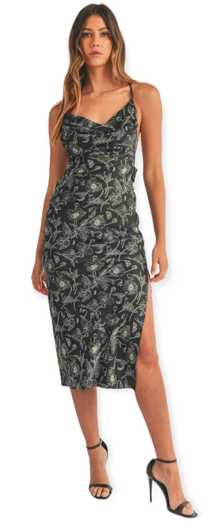 Valentina Floral Satin Cowl Neck Midi Dress