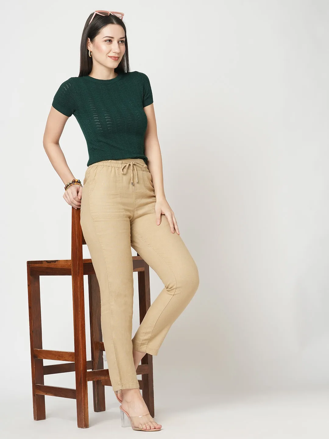 WOMEN LIGHT BROWN  HIGH-RISE PAPER BAG PANT