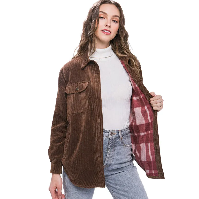 Women's Corduroy Shacket with Plaid Lining - Fashionable Plaid Accent - Warm and Stylish