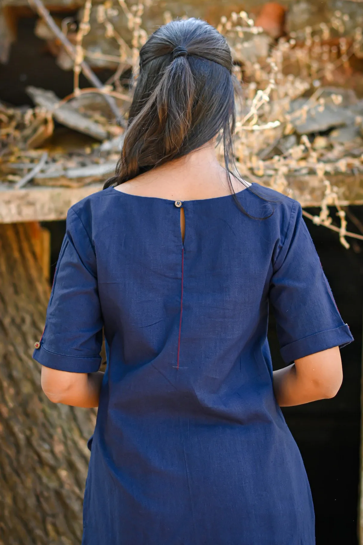 Zarna Cotton Linen Kurta and Culottes Set - Navy