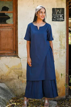 Zarna Cotton Linen Kurta and Culottes Set - Navy